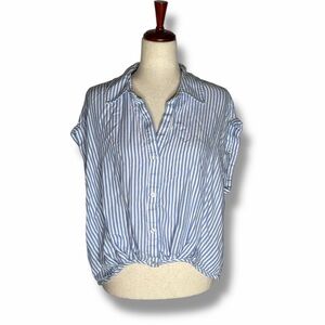 Kut From The Kloth Blue Stripe Collared Button Ip Gathered Hem Pullover Top XL